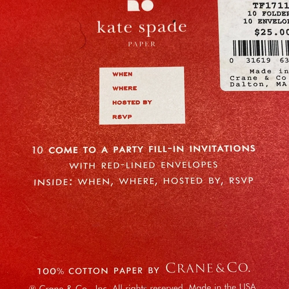 Kate Spade 10’Come to a Party Fold Over Invitations Crane & Co Stationary NWT